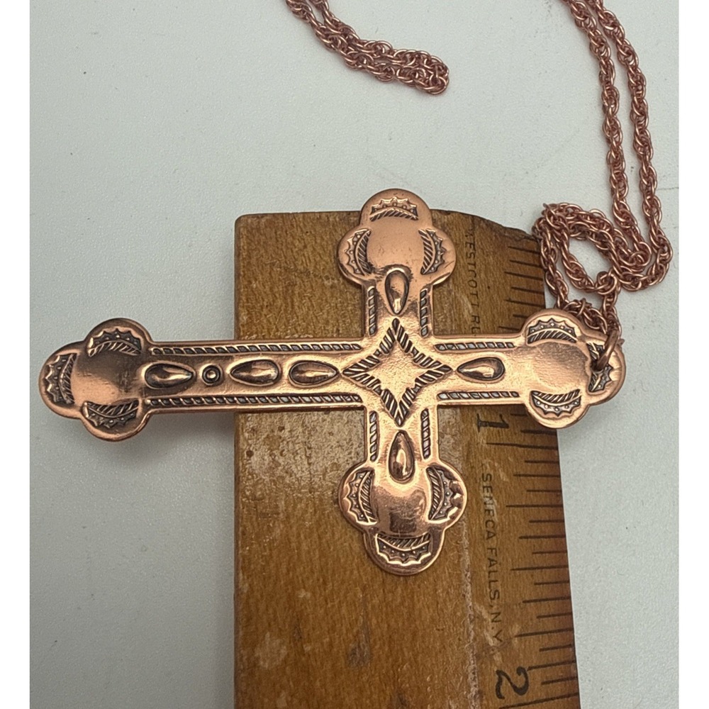 BEAUTIFUL VINTAGE BELL SOLID COPPER & TURQUOISE CROSS NECKLACE & 24" CHAIN - Picture 8 of 8